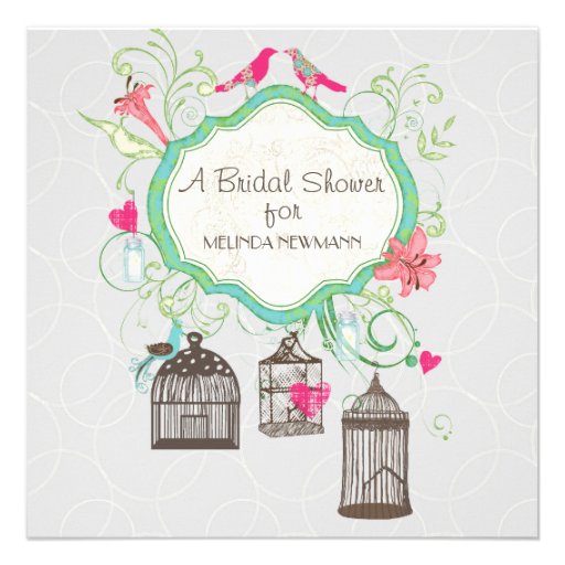 Mod Bird Cage Mason Jar Heart Floral Bridal Shower Custom Announcements