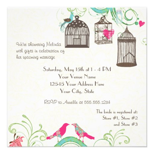 Mod Bird Cage Mason Jar Heart Floral Bridal Shower Custom Announcements
