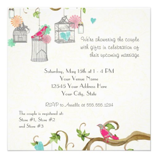 Mod Bird Cage Mason Jar Heart Floral Bridal Shower Custom Announcement