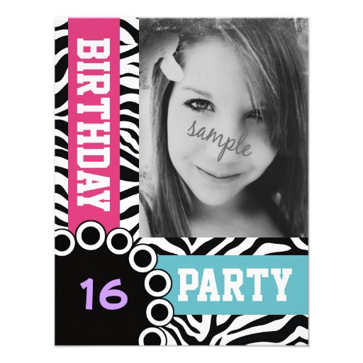 Mod Bright Zebra Print Birthday Party with Photo Personalized Invitation