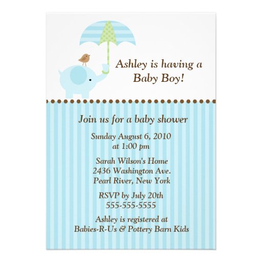 Mod Elephant Umbrella Boy Baby Shower Invite