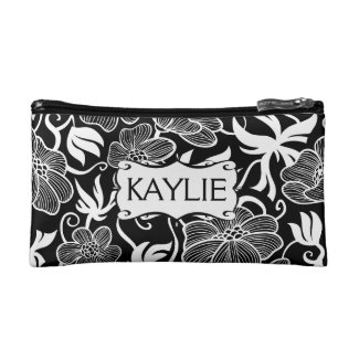 Mod Floral in Black and White Personalized Cosmetics Bags