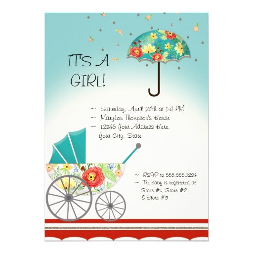 Mod Modern Floral Ranunculus Umbrella Baby Shower Custom Invites