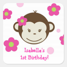 Mod Monkey Girl  Birthday Favor Stickers Labels
