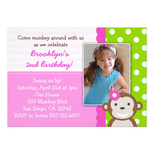 Mod Monkey Girl Birthday Invitation Pink
