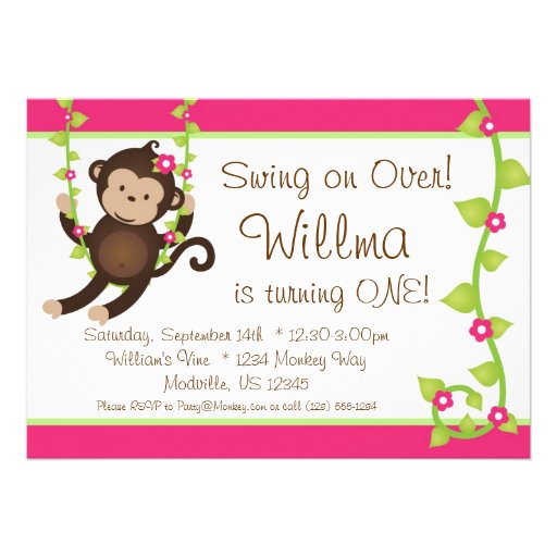 Mod Monkey Pink and Green Birthday Party Invite