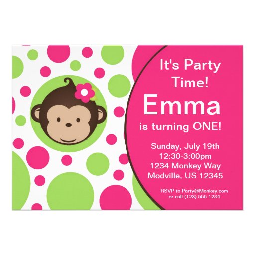 Mod Monkey Pink Polka Dots Birthday Party Invite