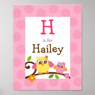 Mod Owl Flower Girls Nursery Wall Art Name Print