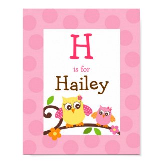 Mod Owl Flower Girls Nursery Wall Art Name Print