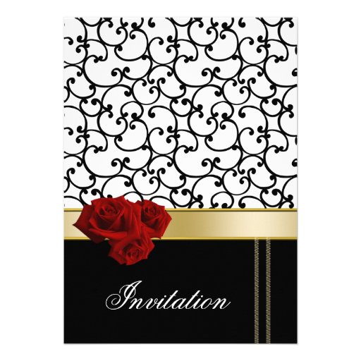 mod red roses damask wedding invitation