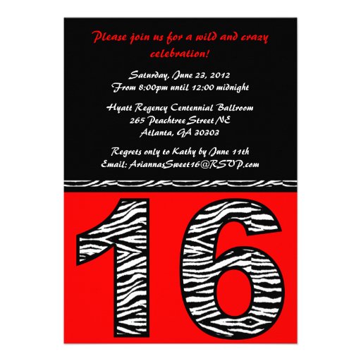 Mod Zebra Print Sweet Sixteen [red] Personalized Invites