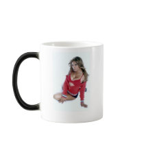 Model in red mugs