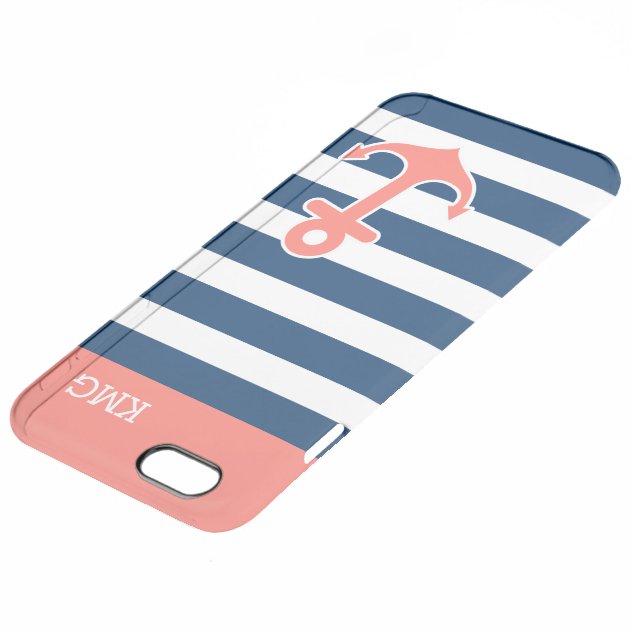 Modern Anchor Monogram Coral Navy Strips Pattern Uncommon Clearlyâ„¢ Deflector iPhone 6 Plus Case-3