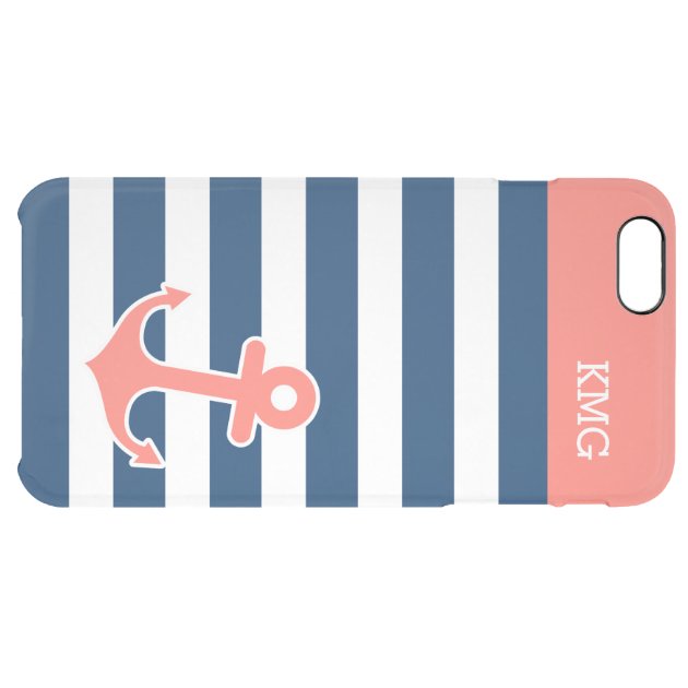 Modern Anchor Monogram Coral Navy Strips Pattern Uncommon Clearlyâ„¢ Deflector iPhone 6 Plus Case-5