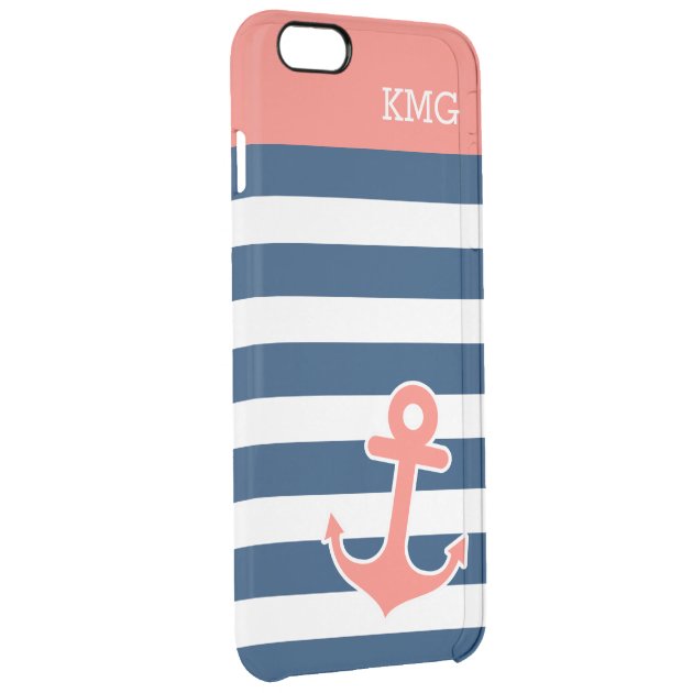 Modern Anchor Monogram Coral Navy Strips Pattern Uncommon Clearlyâ„¢ Deflector iPhone 6 Plus Case-2