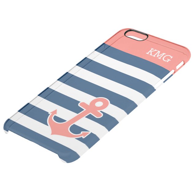 Modern Anchor Monogram Coral Navy Strips Pattern Uncommon Clearlyâ„¢ Deflector iPhone 6 Plus Case-4