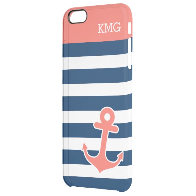 Modern Anchor Monogram Coral Navy Strips Pattern Uncommon Clearlyâ„¢ Deflector iPhone 6 Plus Case