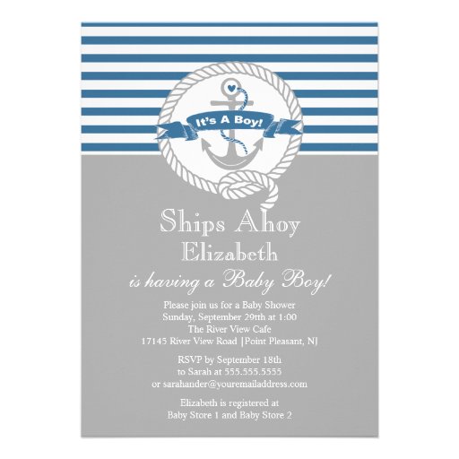 Modern Anchor Nautical Sailboat Boy Baby Shower Personalized Invitation (front side)