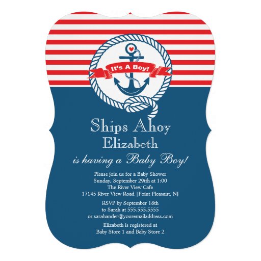 Modern Anchor Nautical Sailboat Boy Baby Shower Custom Invitation (front side)