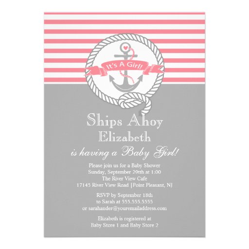 Modern Anchor Nautical Sailboat Girl Baby Shower Invitations