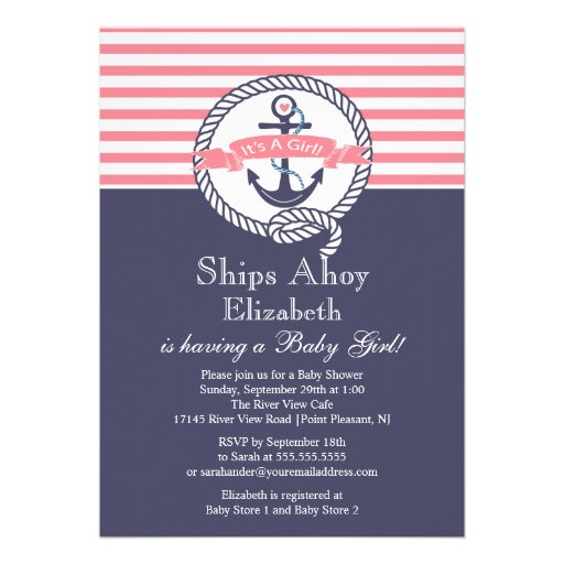 Modern Anchor Nautical Sailboat Girl Baby Shower Invites