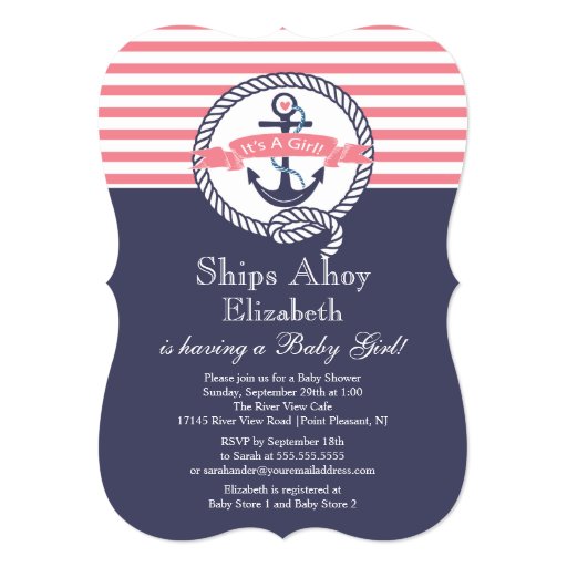 Modern Anchor Nautical Sailboat Girl Baby Shower Invites (front side)