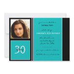 Modern Aqua and Black Photo Birthday invitations