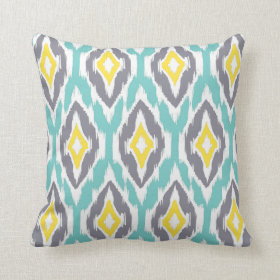 Modern aqua grey yellow Ikat Tribal Pattern 1a Throw Pillows