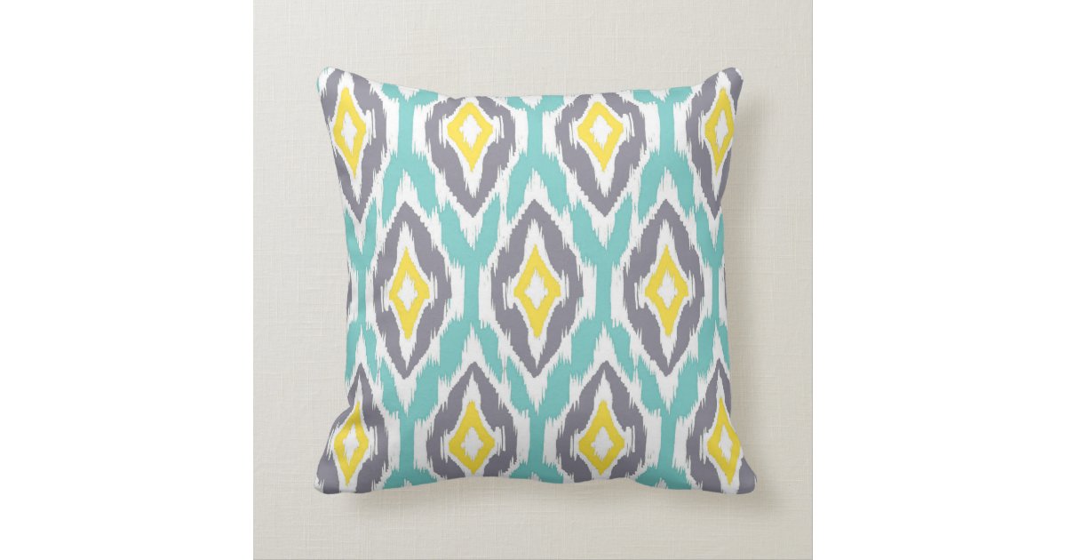Modern aqua grey yellow Ikat Tribal Pattern 1a Throw Pillow Zazzle
