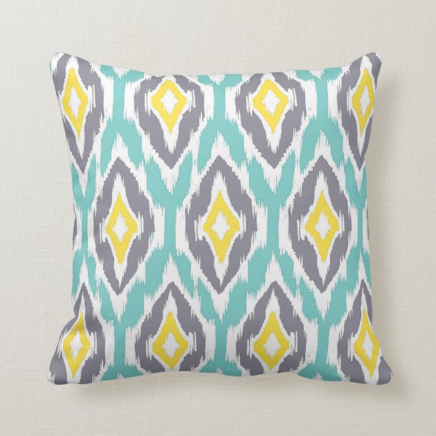 Modern aqua grey yellow Ikat Tribal Pattern 1a Throw Pillow