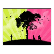 Modern Art - Green and Pink Sky With Tree Postcard