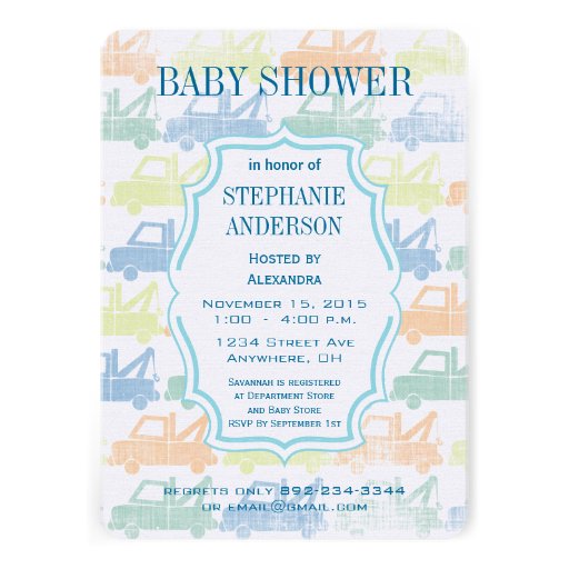 Modern Baby Boy Tow Truck Shower Personalized Invitations