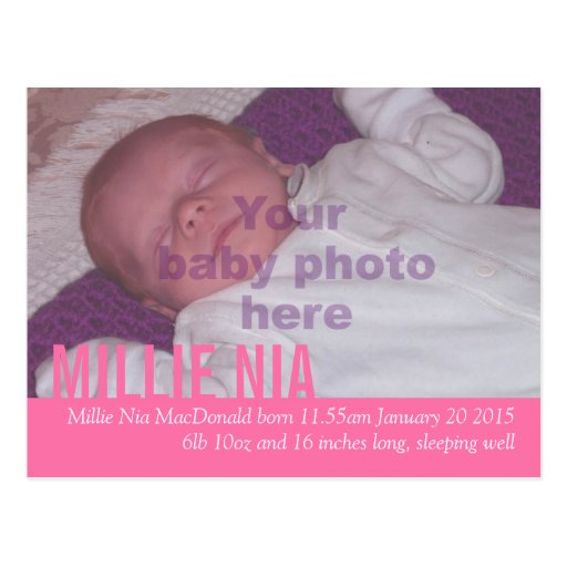 Modern baby girl pink photo announcement postcard