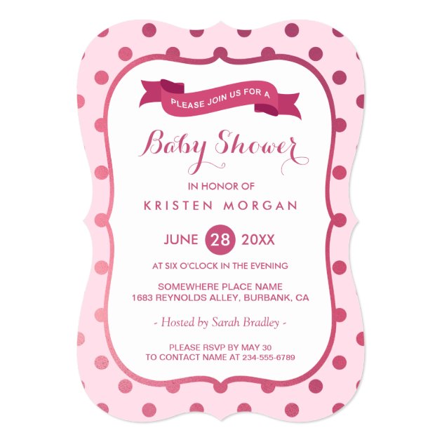 Modern Baby Shower Girly Magenta Pink Polka Dots 5x7 Paper Invitation Card (front side)
