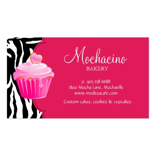 Modern Bakery Business Card Cupcake Zebra Pink (back side)