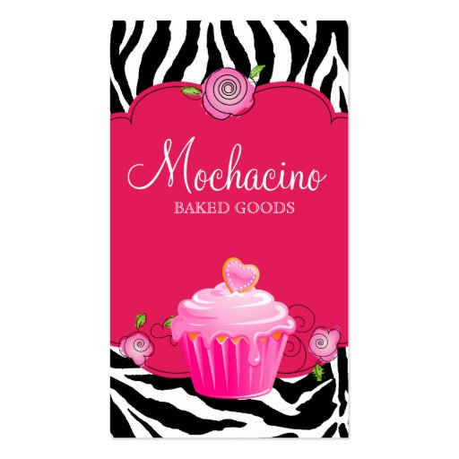 Modern Bakery Business Card Cupcake Zebra Pink (front side)