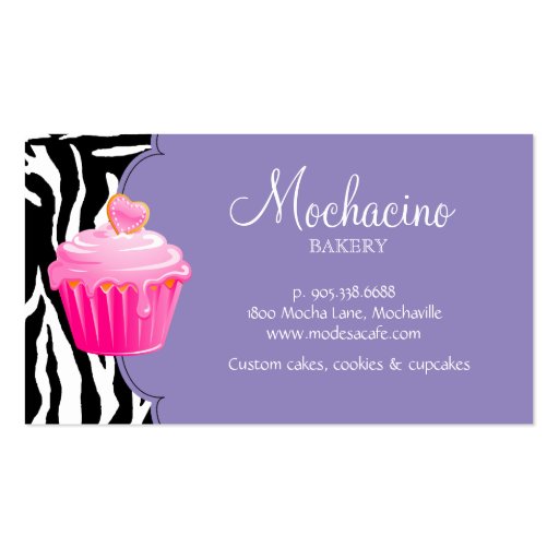 Modern Bakery Business Card Cupcake Zebra Purple (back side)