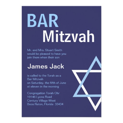 Modern Bar Mitzvah Invitiation- Dark Blue Custom Invitation (front side)