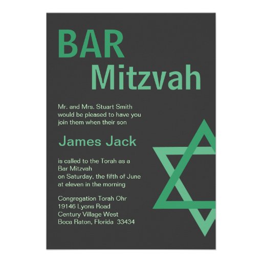Modern Bar Mitzvah Invitiation- Green Grey Personalised Announcements