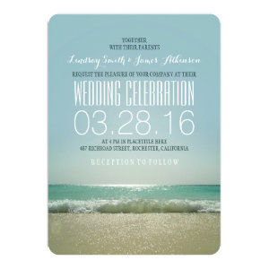 Modern beach wedding invitations with teal sea