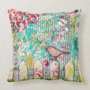 Modern Bird White Picket Fence Painting Art Pillow