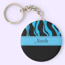 Modern Black and Blue Zebra Personalized Keychain