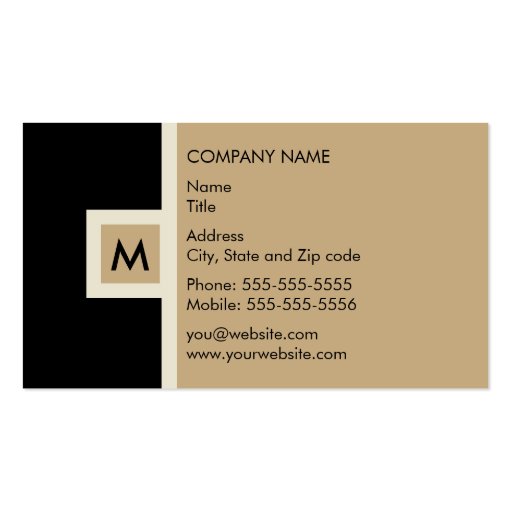 Modern Black and Tan Monogram Business Card (front side)