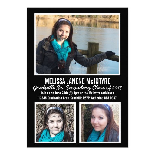 Modern Black and White THREE Photos Graduation Announcements (front side)