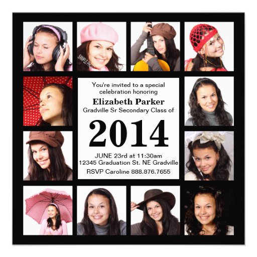 Modern Black Graduation with 12 Photos Invitations (front side)