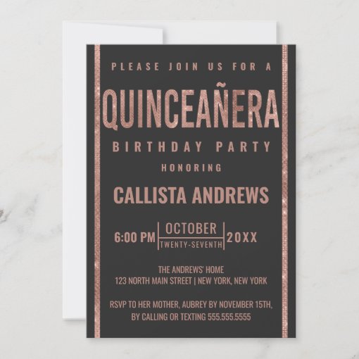 Modern Black Rose Gold Glitter Frame Quincea Era Invitation Zazzle