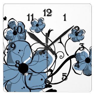Modern Blue and Black Floral Design Wall Clock