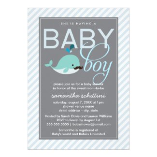Modern Blue Baby Shower Boy Little Whale Mustache Custom Announcements