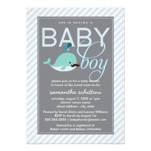 Modern Blue Baby Shower Boy Little Whale Mustache Custom Announcements (front side)