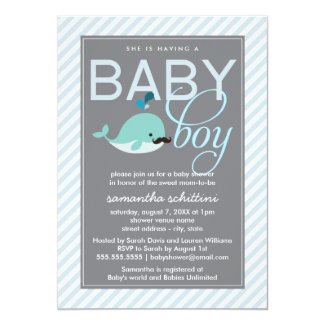 Modern Blue Baby Shower Boy Little Whale Mustache 5x7 Paper Invitation Card